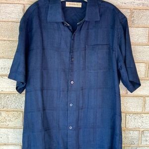 Mens Tommy Bahama 100% Woven Linen Button Down Navy Shirt Sz L Collar Cool